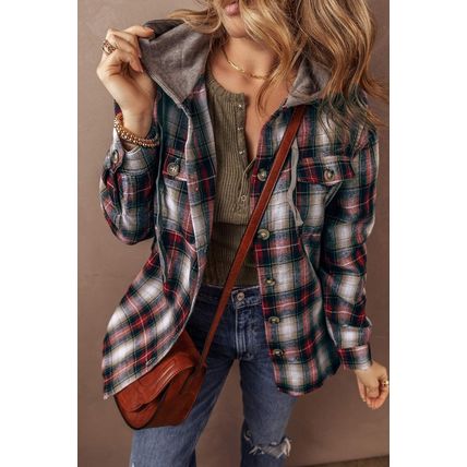 Red Plaid Print Chest Pocket Buttoned Hooded Shacket