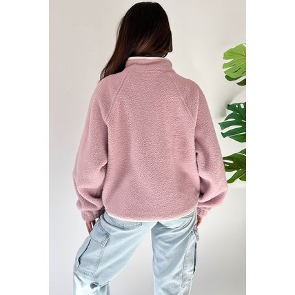 Fushia Stand Neck Half Button Zip Pocket Plush Sweatshirt