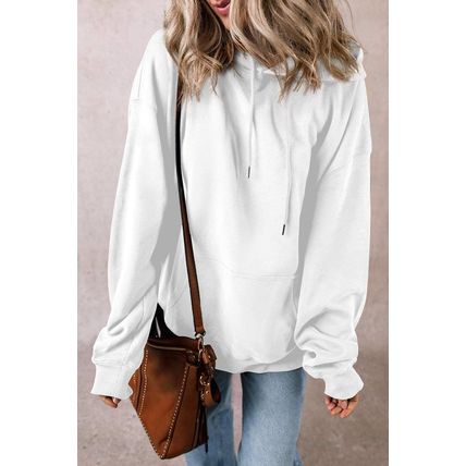 White Fleece Lined Kangaroo Pocket Drawstring Chunky Hoodie