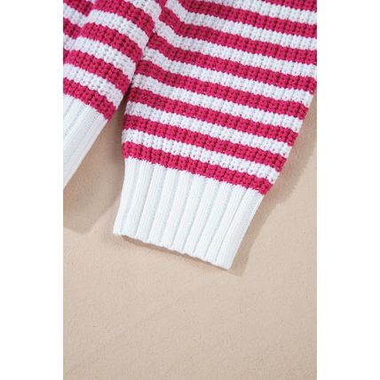 Pink Stripe Zip up Collar Drop Shoulder Sweater
