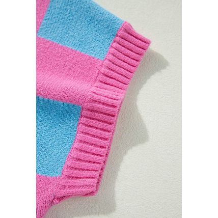 Sachet Pink Colorblock Plaid Pattern Ribbed Trim Sweater Tank Top