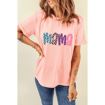 Pink Checkerboard mama Printed Crew Neck Tee