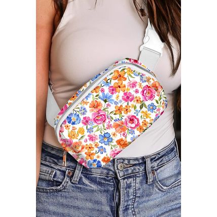 White Flower Print Buckle Wide Strap Crossbody Bag