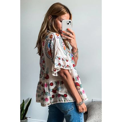 White Boho Floral Print Round Neck Ruffle Trim Blouse