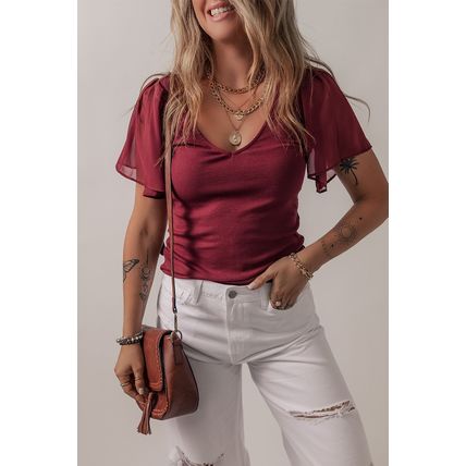 Red Dahlia Mesh Ruffled Sleeve Slim Fit V Neck Top