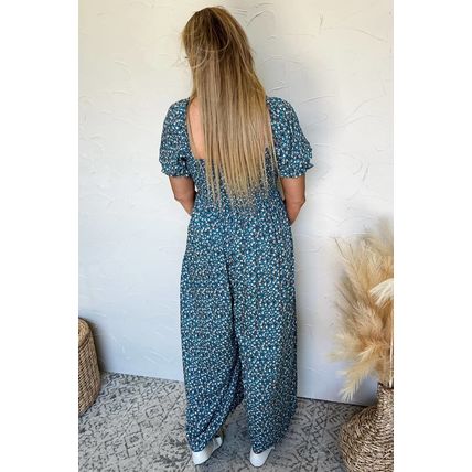 Blue Vintage Boho Floral Smocked Short Puff Sleeve Wide Leg Jumpsuit