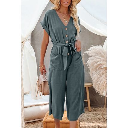 Blue Dolman Button Belted V Neck Wide Leg Pocketed Jumpsuit