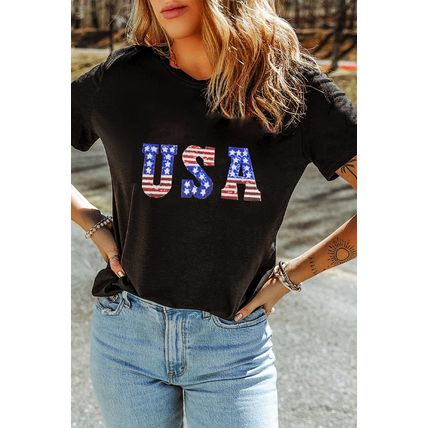Black USA Stars and Stripes Crew Neck Graphic Tee