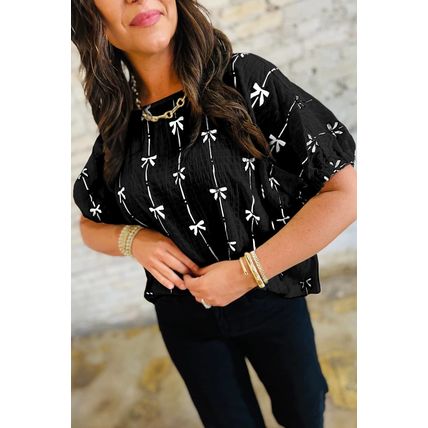 Black Bow Print Puff Short Sleeve Top