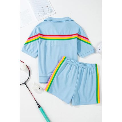 Sky Blue Rainbow Colorblock Collared Short Sleeve Top 2 Piece Shorts Set