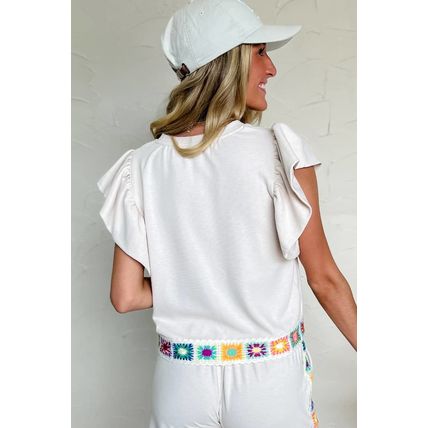 White Floral Crochet Patched Ruffled Sleeve Crewneck Blouse