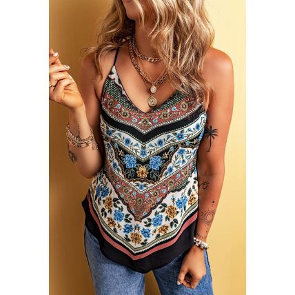 Red Mixed Floral Chevron Pattern Dip Hem Spaghetti Straps Tank