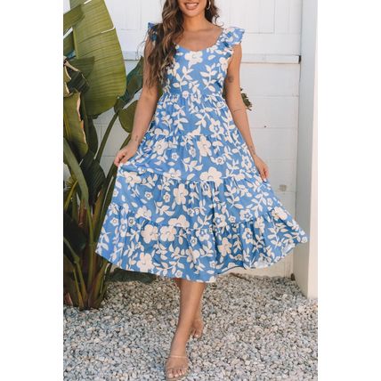 Sky Blue Floral U Neck Flutter Shoulder Tiered Flowy Midi Dress