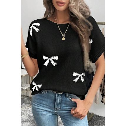 Black Bow Pattern Knit Short Sleeve Sweater