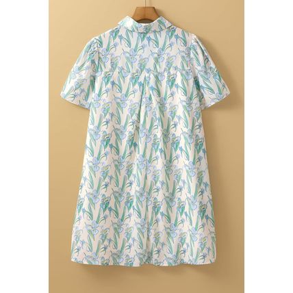 Green Floral Print Shirtcollar Buttoned Short Sleeve Shift Dress