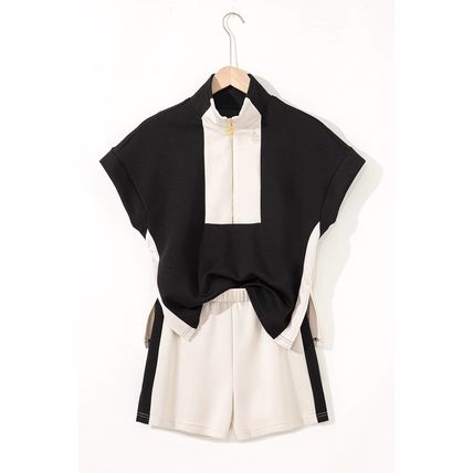 Black Contrast Zipped Stand Collared T Shirt and Short Set