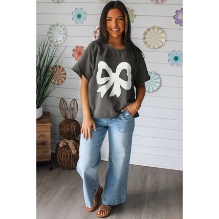 Medium Grey Lace Bow Raw Edge Drop Shoulder Casual T Shirt