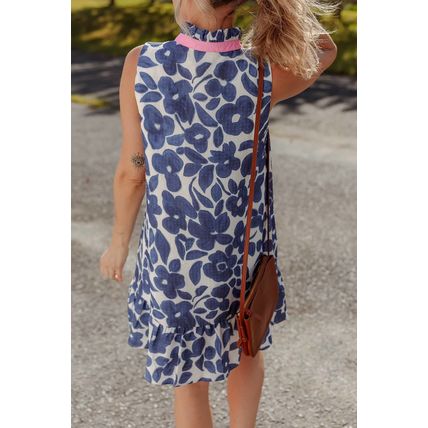 Blue Floral Sleeveless Colorblock Notched V Neck Mini Dress