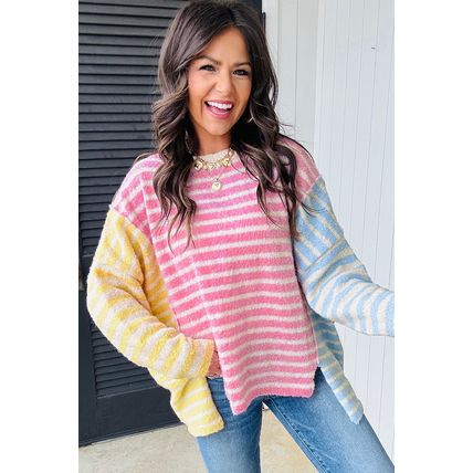 Multicolour Color Block Striped Patchwork Dolman Sleeve Slit Sweater