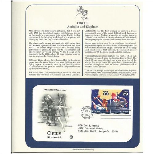 CIRCUS : Aerialist & Elephant ' OFFICIAL FIRST DAY of ISSUE ' (1993)