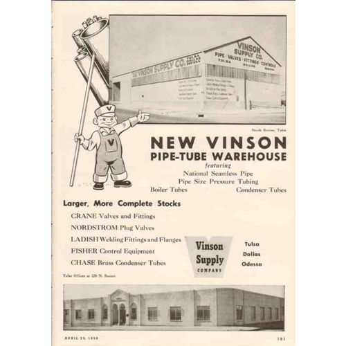 vinson supply company 1950 tulsa ok pipe-tube warehouse oil vintage ad