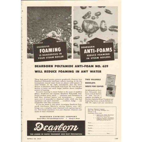 dearborn chemical company 1950 polyamide anti-foam water vintage ad