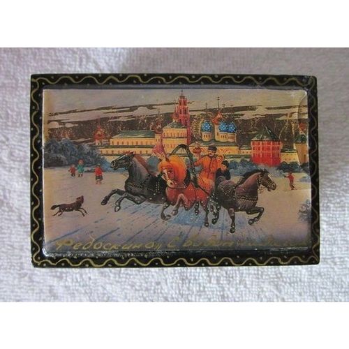 Imitation Russian Miniature Laquer Box Troika Three Horse Sleigh Winter Scene