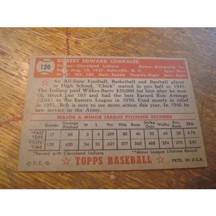 1952 Topps, BOB CHAKALES, #120, Indians