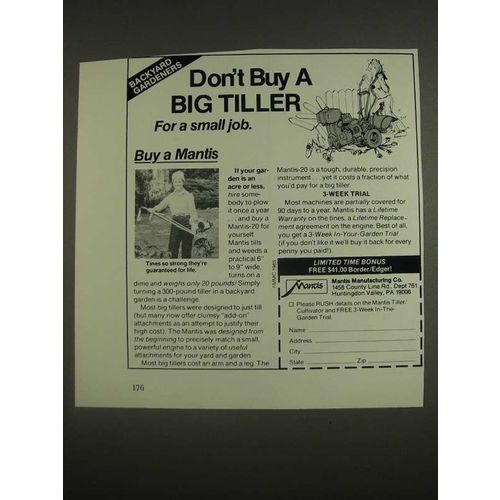 1985 Mantis Tiller/Cultivator Ad - Don't buy a big tiller for a small job