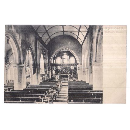 ST. PETER'S CHURCH, BEXHILL-ON-SEA, SUSSEX. unused antique postcard Peacock =