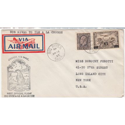 CANADA cover Big River, Sask, 16 March 1933 with large Air Mail etiquette to USA