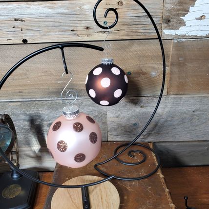 Glass Ball Ornaments - Brown & Pink Polka-Dot Sparkle - Set of 4.