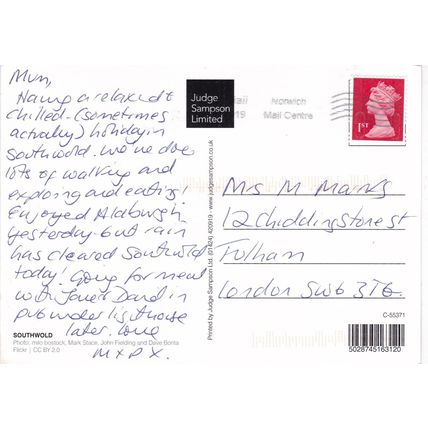 Southwold Multiview Postcard posted 2019 crease
