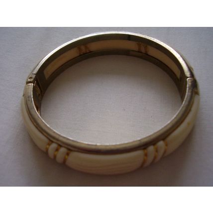 Vintage Clamper Bracelet Celluloid Brass Ivorine Cream 1950's Bangle