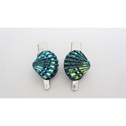 Set of two small sparkly blue green shell alligator hair pin clips for fine