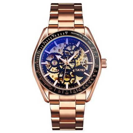 SKMEI 9194 Men Automatic Skeleton Mechanical Steel Band Watch, Black, Silver, Go