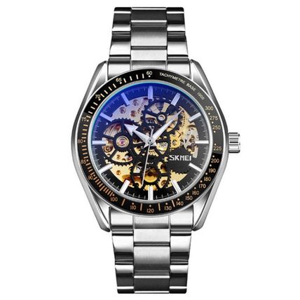 SKMEI 9194 Men Automatic Skeleton Mechanical Steel Band Watch, Black, Silver, Go