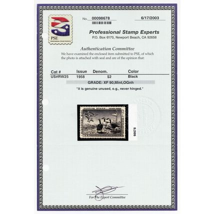 RW25, Mint XF NH $2 Duck Stamp - PSE Graded 90 SMQ $150 * Stuart Katz