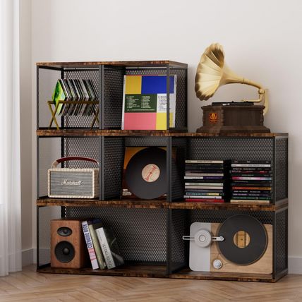 3-Cube Bookcase with 3 Sizes, Wood & Metal 3 Tier Bookshelf for Small Space, Mod