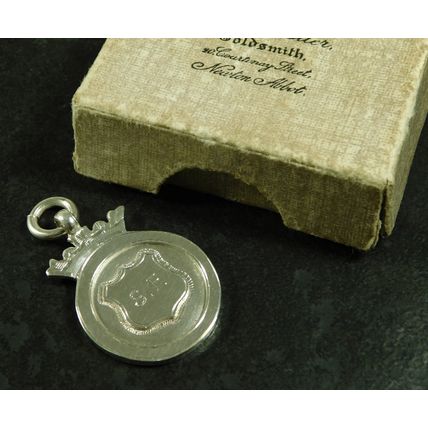 Antique Solid Silver Swimming Pocket Watch Chain Medal Fob Webster Shield 1925