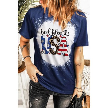Blue God Bless the USA Print Bleach Short Sleeve T-Shirt