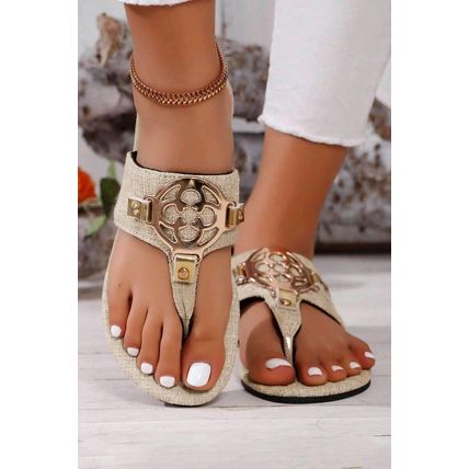 Beige Metal Décor Leather Thong Slippers