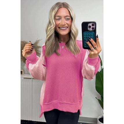 Bonbon Cable Knit Colorblock Exposed Seam Sweatshirt
