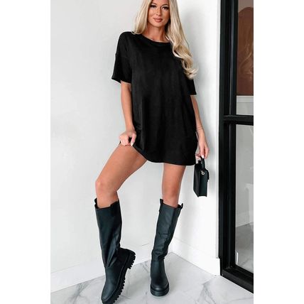 Black Solid Color Round Neck Basic Tunic T Shirt