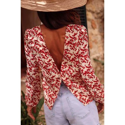 Red Floral Print Long Sleeve Open Back Blouse