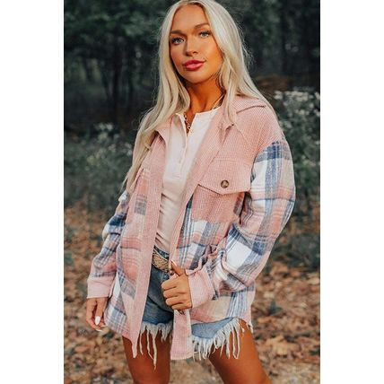 Light Pink Plaid Corduroy Patchwork Chest Pocket Shacket