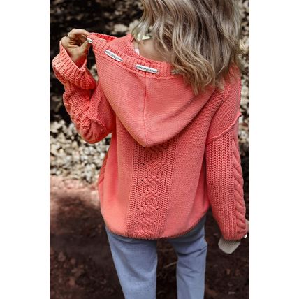 Gold Flame Cable Knit V Neck Contrast Drawstring Hooded Sweater