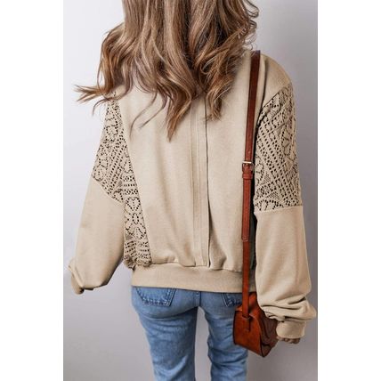 Parchment Knit Crochet Exposed Seam Ribbed Trim Sweatshirt