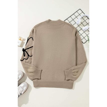 Dark Khaki Plus Size Big Flower Pattern High Neck Drop Shoulder Sweater