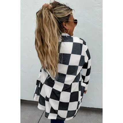 Black Checkered Waffle Knit Thumbhole Open Front Cardigan